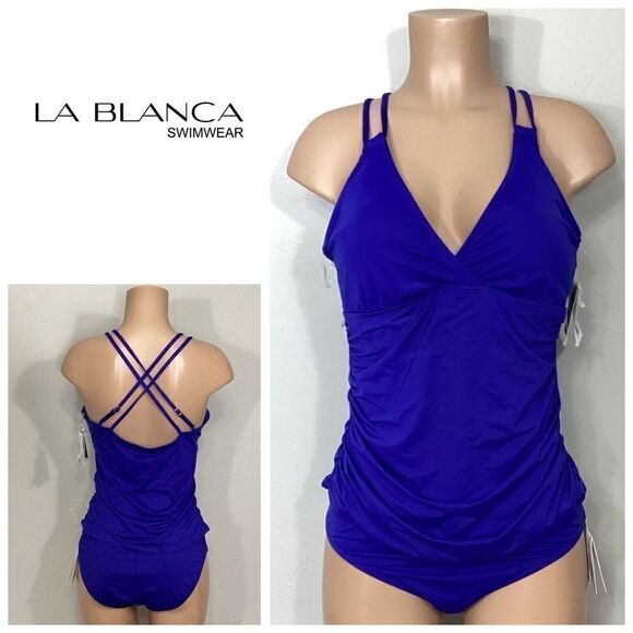 New. La Blanca Blue ruched V-neck underwire tankini set. Size 14/L